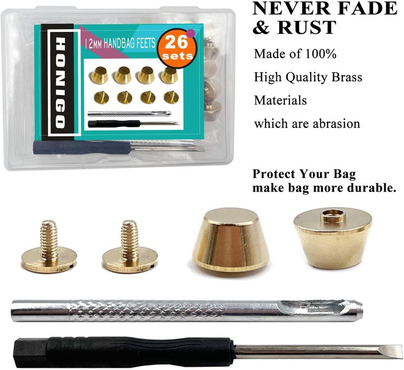 honigo 24 Pack Rivets Stud Handbag Purse Feet 1/2 inch Gold Flat Head Metal Solid Brass Studs Screw Back Feet 12mm Buckle Spikes Leathercraft for Leather Bag Totes DIY Craft - Image 5